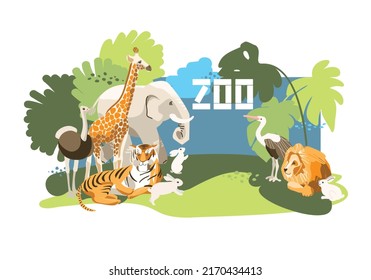 Zoo vector illustration. Wild animals on the background of wild nature.