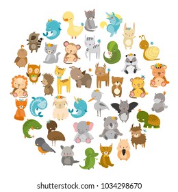 zoo. vector set with cute animals. tiger, lion, dolphin, fish, raccoon, hedgehog, wolf, fox, lynx, rhinoceros, chinchilla, hamster, turtle, koala, panda, elephant, unicorn