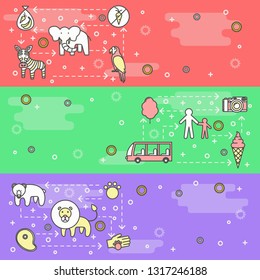 Zoo vector web banner template set. Bear, elephant, zebra, parrot, lion, ice cream cone, bus, camera, visitors, animal food and cotton candy thin line art flat icons.
