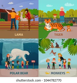 Zoo visitors 4 icons square concept with kids watching polar bear monkeys and tiger isolated vector illustration 