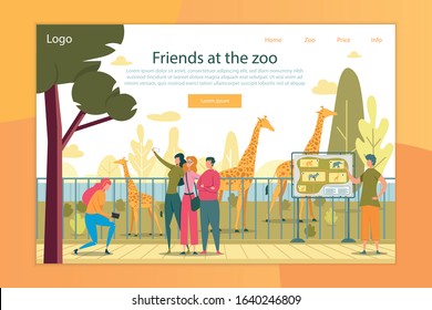 Zoo Visitors Flat Vector Landing Page Template. Friends Taking Smartphone Selfie in Wildlife Park. Men and Woman Cartoon Characters Watching African Giraffe. Zoo Excursion Web Banner Layout