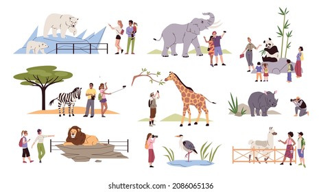 Zoo visitors. Wild exotic animals in aviaries, behind fences, people watching. Happy men, women and children walking together, educational family weekend, vector cartoon flat isolated set