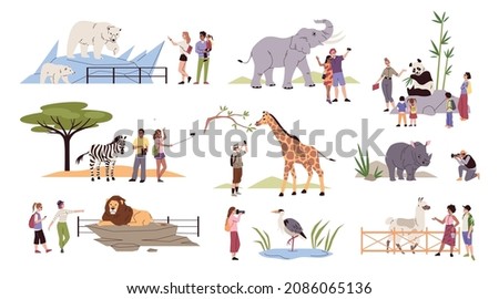 Zoo visitors. Wild exotic animals in aviaries, behind fences, people watching. Happy men, women and children walking together, educational family weekend, vector cartoon flat isolated set