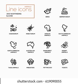 Zoo wayfinding - modern vector single line icons set. Bird, serpentarium, oceanarium, insenctarium, africa, south, north america, australia, rainforest, desert, taiga, predator, petting zoo, ticket