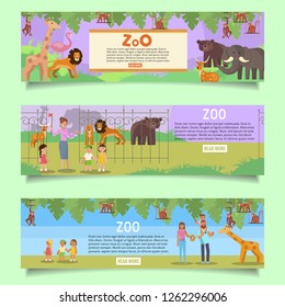 Zoo web banner template set. Vector flat illustration. Zoo signage with exotic, woodland animals. Visitors adults with kids. Happy family feeding carrots to baby giraffe.