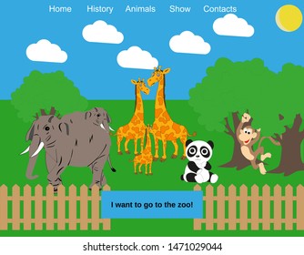 Zoo website layout. You can enter your own text and program buttons in this layout. Web site, about animals, zoo, shelter.