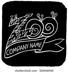 Zoo white logo or label in zebra pattern and snails with ribbon, title 'Company name' icon isolated on black background square for your business