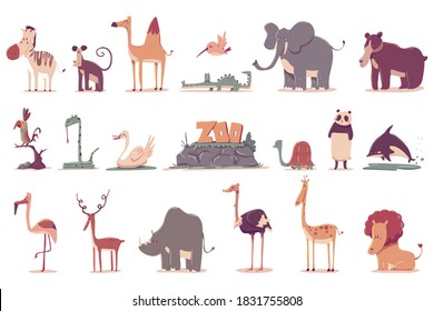 Zoo wild animal vector cartoon set isolated on a white background.