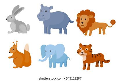 Zoo wild animals colorful set. Vector illustration. Mammals isolate on white background