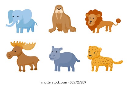 Zoo wild animals colorful set. Vector illustration. Mammals and reptile  isolate on white background