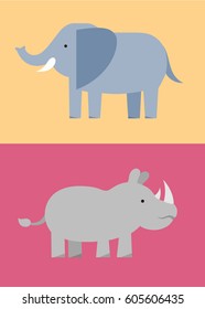 Zoo wild animals flat icon set. Elephant and rhinoceros