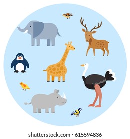 Zoo wild animals flat set. Vector illustration. Mammals and birds isolate on blue background