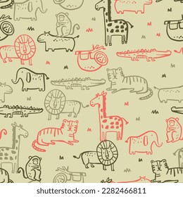 Zoo wild animals tiger, giraffe, liok, monkey, elephant doodle - simple artistic seamless pattern illustration