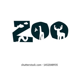 Zoo word design concept in black color. Vector Illustration with silhouettes of snake, giraffe, elk, fish, bird.