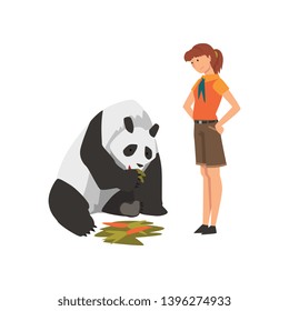 Zoo Worker Feeding Panda Bear Eating Carrot, Professional Zookeeper Character Caring of Animal Vector Illustration