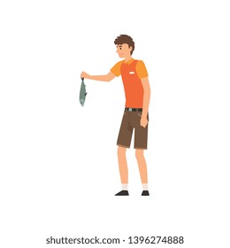 Zoo Worker Holding Fresh Fish to Feed Animals, Professional Zookeeper Character Vector Illustration