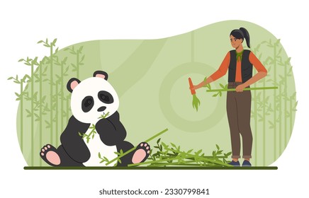 Zoo worker with panda concept. Woman giving bamboo and carrot to tropical asian animal. Fauna and wild life. Exotic forest or zoo. Biology and zoology. Cartoon flat vector illustration