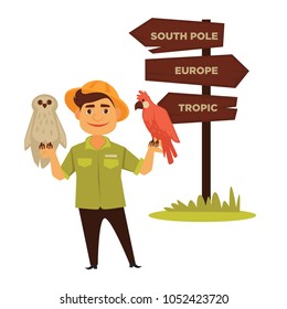 Zoo Worker With Parrot And Owl Stands Near Directions Sign