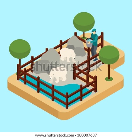 Zoo worker and polar bears with rocks and water on blue background isometric vector illustration 