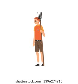 Zoo Worker Standing with Pitchfork, Professional Zookeeper Character Caring of Animal Vector Illustration