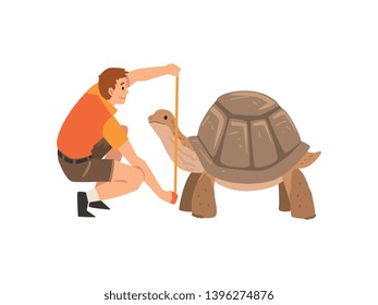 Zoo Worker or Veterinarian Examining and Measuring Turtle, Professional Zookeeper Character Caring of Animal Vector Illustration