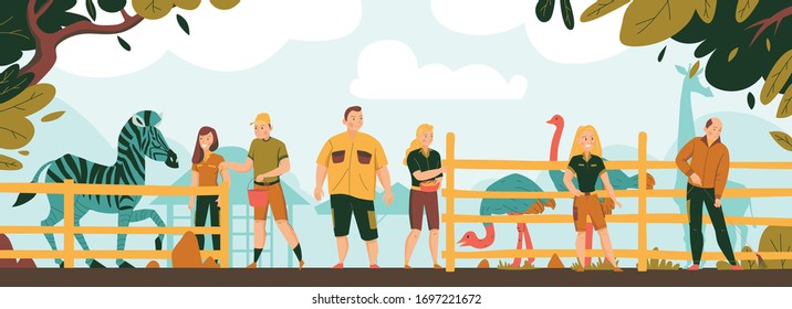 Zoo Workers Background With People Feeding Wild Animals Vector Illustration