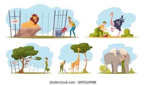 Zoo workers. Technician stuff making care to zoo animals feeds giraffe bear monkey exact vector flat pictures collection