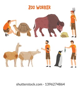 Zoo Workers or Veterinarians Examining, Feeding and Caring of Animals, Professional Zookeepers Characters Working at Zoo Vector Illustration