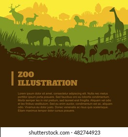 Zoo world illustration background, colored silhouettes elements, flat