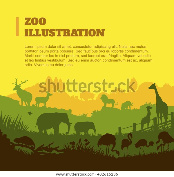 動物園の世界イラストの背景 色とシルエットエレメント 平ら のベクター画像素材 ロイヤリティフリー