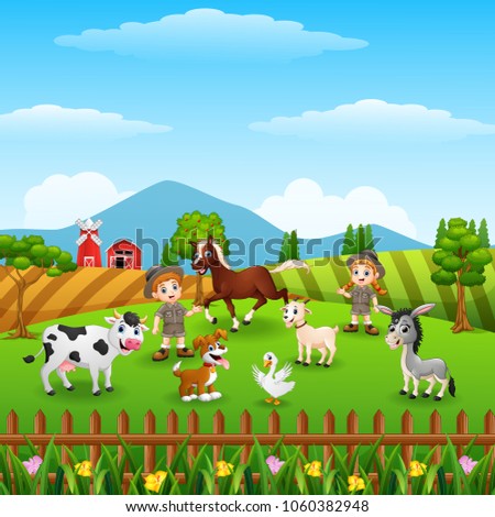 Zookeeper with the animals in the farm background