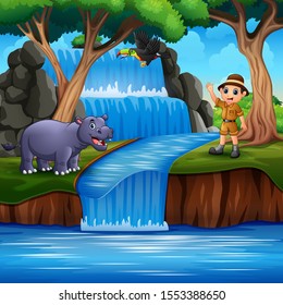 A zookeeper with animals on nature scene