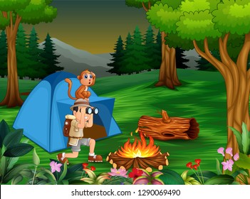 Zookeeper boy and his monkey camping in the dark forest