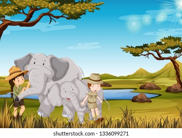Zookeeper with elephant in the zoo illustration