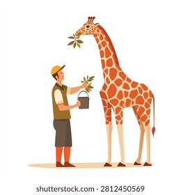 A zookeeper feeds a tall giraffe with leaves from a bucket, creating an interaction scene.