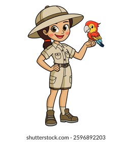 Zookeeper girl with parrot illustration by hand drawn