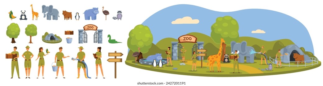 Zookeeper icons set cartoon vector. Zoo park animal. Summer feeding wild animal