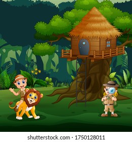 Zookeeper kids playing with lion under the treehouse
