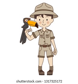 Zookeeper Man With Toucan,cute Zoo Keeper In Brown Uniform.