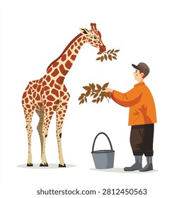 A zookeeper in an orange jacket and cap is feeding a tall, spotted giraffe with fresh green leaves from a bucket, showcasing animal care.
