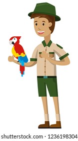 Eine Zookeeper, die mit Vogel spielt, einzeln auf weißem Hintergrund