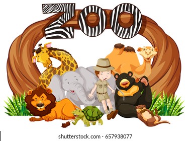 Zookeeper and wild animals at zoo entrance illustration