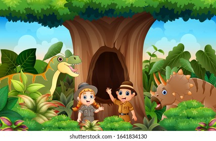 Zookeepers and animals in the jungle