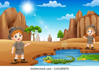 Zookeepers with crocodiles in the desert