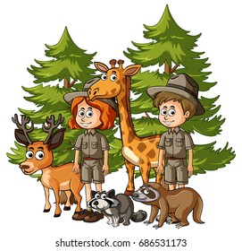 Zookeepers and many animals in forest illustration