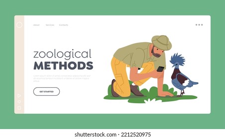 Zoological Methods Landing Page Template. Birdwatcher Male Character Watching, Learning and Photographing Birds. Naturalist Ornithologist Investigate Fauna Creature. Cartoon People Vector Illustration