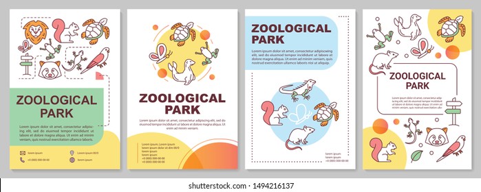 Zoological park brochure template layout. Zoo animals. Flyer, booklet, leaflet print design with linear illustrations. Vector page layouts for magazines, annual reports, advertising posters