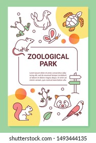 Zoological park poster template layout. Wildlife. Zoo and oceanarium animals. Banner, booklet, leaflet print design with linear icons. Vector brochure page layouts for magazines, advertising flyers