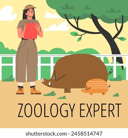 Zoological research. Vector illustrations show a female zoologist carefully recording observations of wild boars in a zoo. Poster in flat style with place for text on nature background.