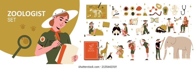 Zoologist big flat color set of people studying behavior and anatomy of rare animals isolated vector illustration